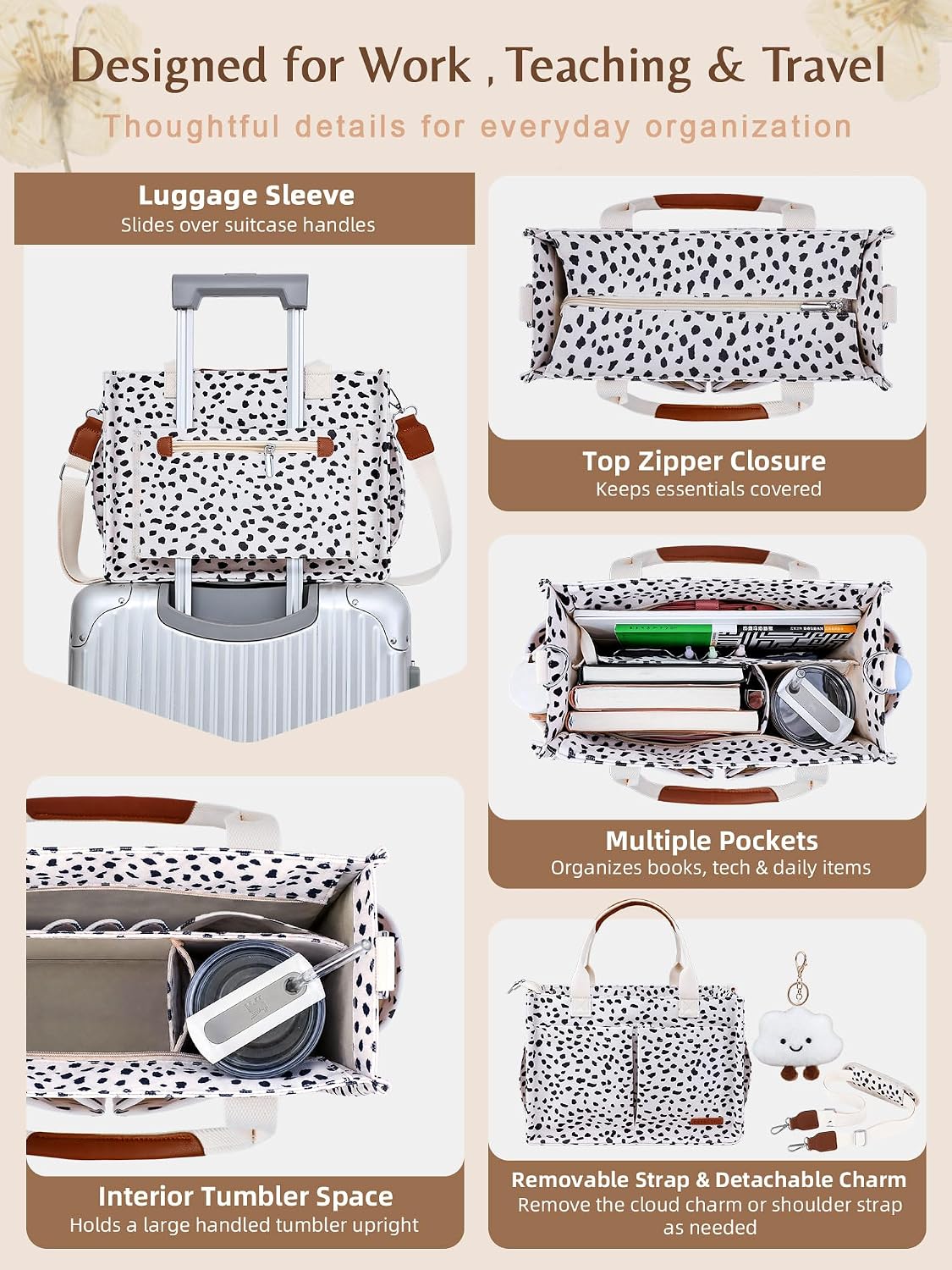 Canvas Tote Bag for Women with Zipper, Work Laptop Purse with Compartments & Luggage Sleeve, Adjustable Strap