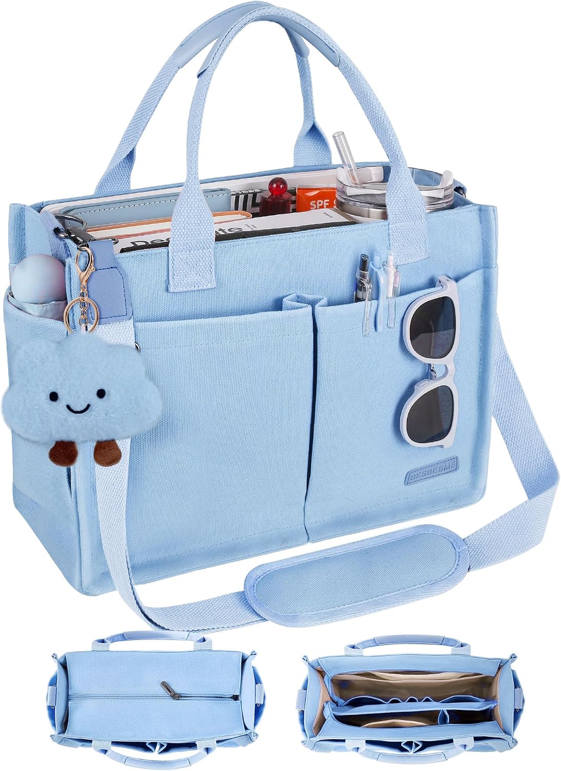 Canvas Tote Bag for Women with Zipper, Work Laptop Purse with Compartments & Luggage Sleeve, Adjustable Strap