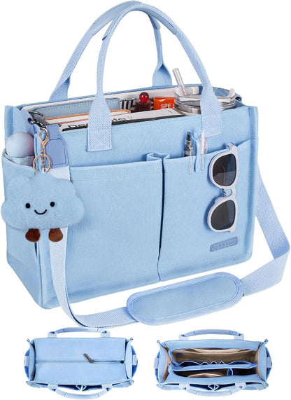 Canvas Tote Bag for Women with Zipper, Work Laptop Purse with Compartments & Luggage Sleeve, Adjustable Strap