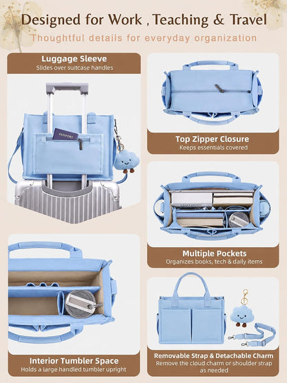 Canvas Tote Bag for Women with Zipper, Work Laptop Purse with Compartments & Luggage Sleeve, Adjustable Strap