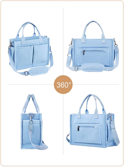 Canvas Tote Bag for Women with Zipper, Work Laptop Purse with Compartments & Luggage Sleeve, Adjustable Strap