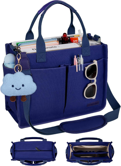 Canvas Tote Bag for Women with Zipper, Work Laptop Purse with Compartments & Luggage Sleeve, Adjustable Strap