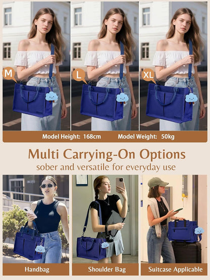 Canvas Tote Bag for Women with Zipper, Work Laptop Purse with Compartments & Luggage Sleeve, Adjustable Strap