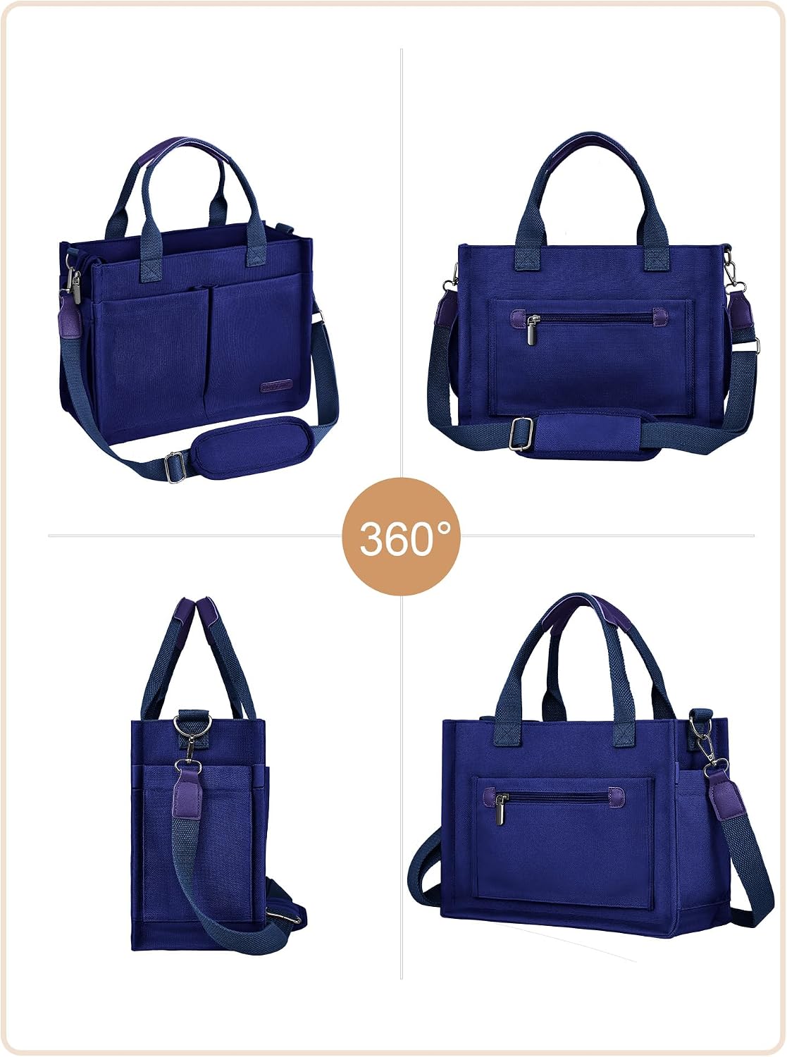Canvas Tote Bag for Women with Zipper, Work Laptop Purse with Compartments & Luggage Sleeve, Adjustable Strap