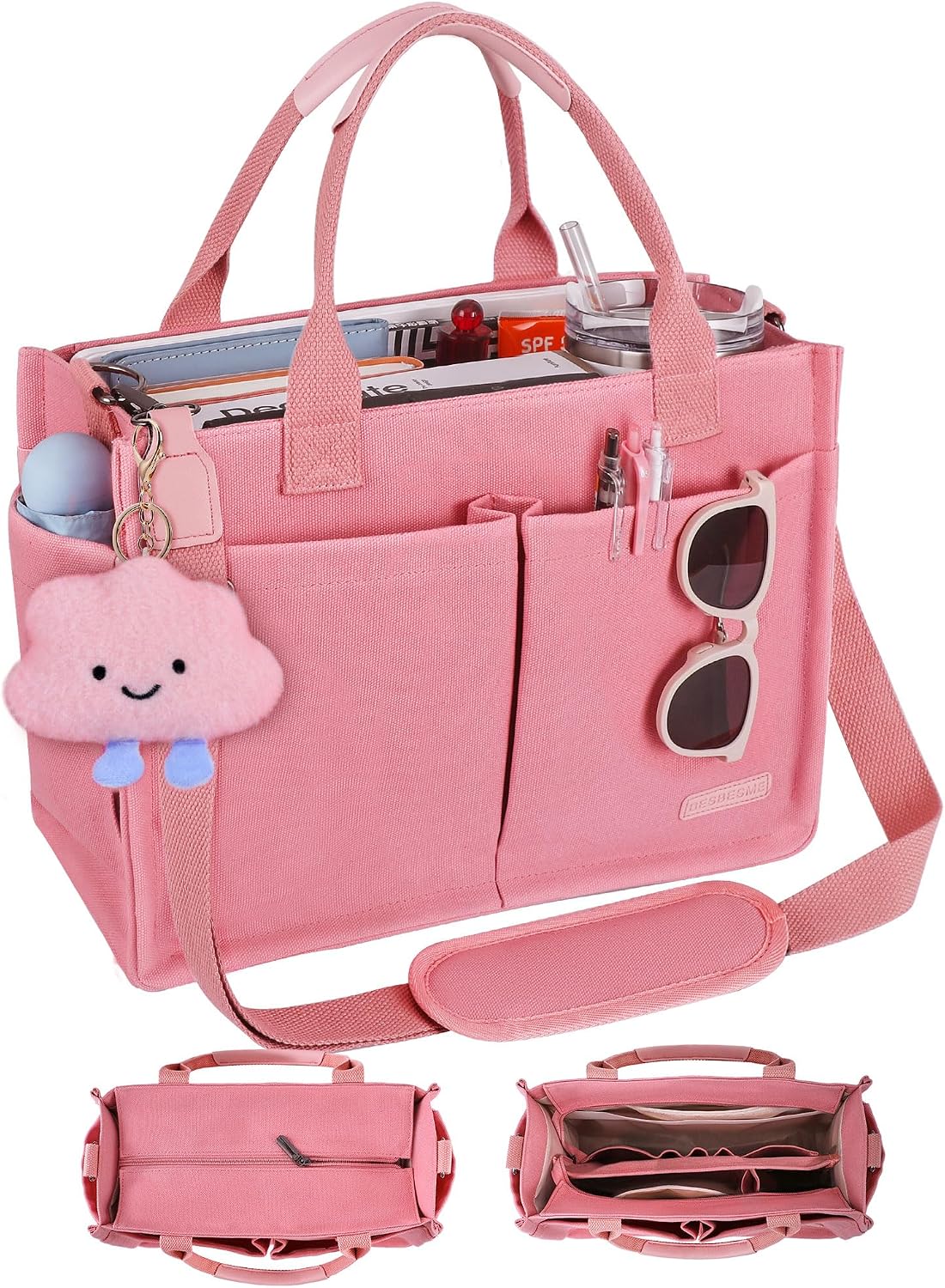 Canvas Tote Bag for Women with Zipper, Work Laptop Purse with Compartments & Luggage Sleeve, Adjustable Strap