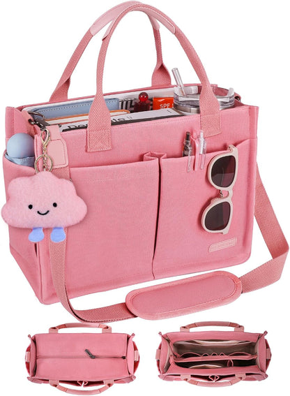 Canvas Tote Bag for Women with Zipper, Work Laptop Purse with Compartments & Luggage Sleeve, Adjustable Strap