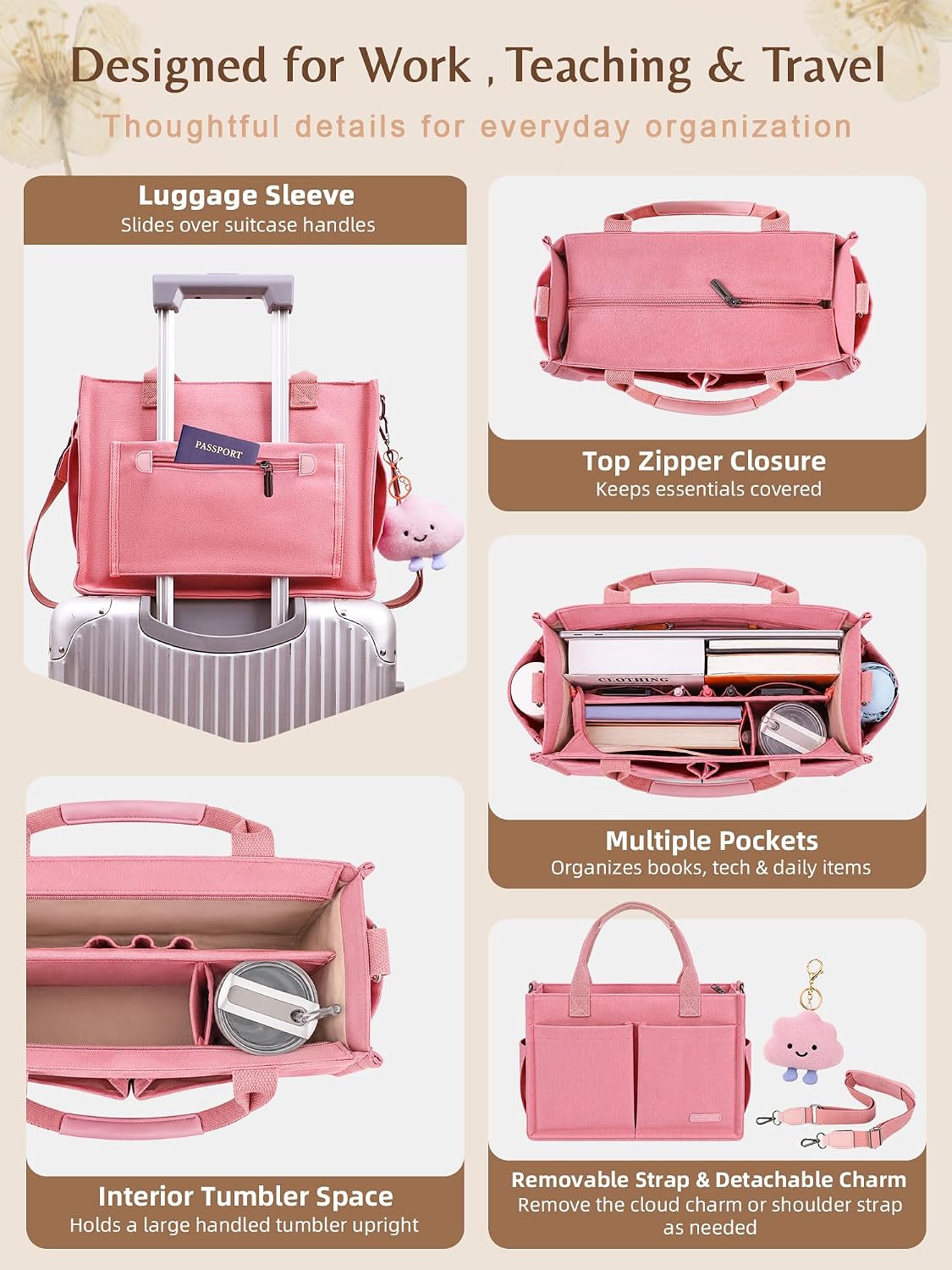 Canvas Tote Bag for Women with Zipper, Work Laptop Purse with Compartments & Luggage Sleeve, Adjustable Strap