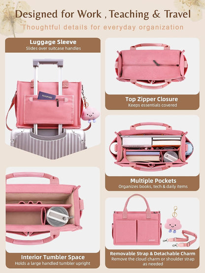Canvas Tote Bag for Women with Zipper, Work Laptop Purse with Compartments & Luggage Sleeve, Adjustable Strap