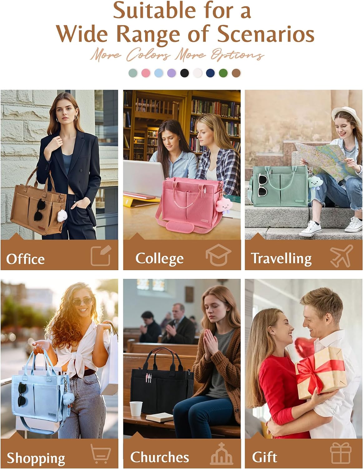 Canvas Tote Bag for Women with Zipper, Work Laptop Purse with Compartments & Luggage Sleeve, Adjustable Strap