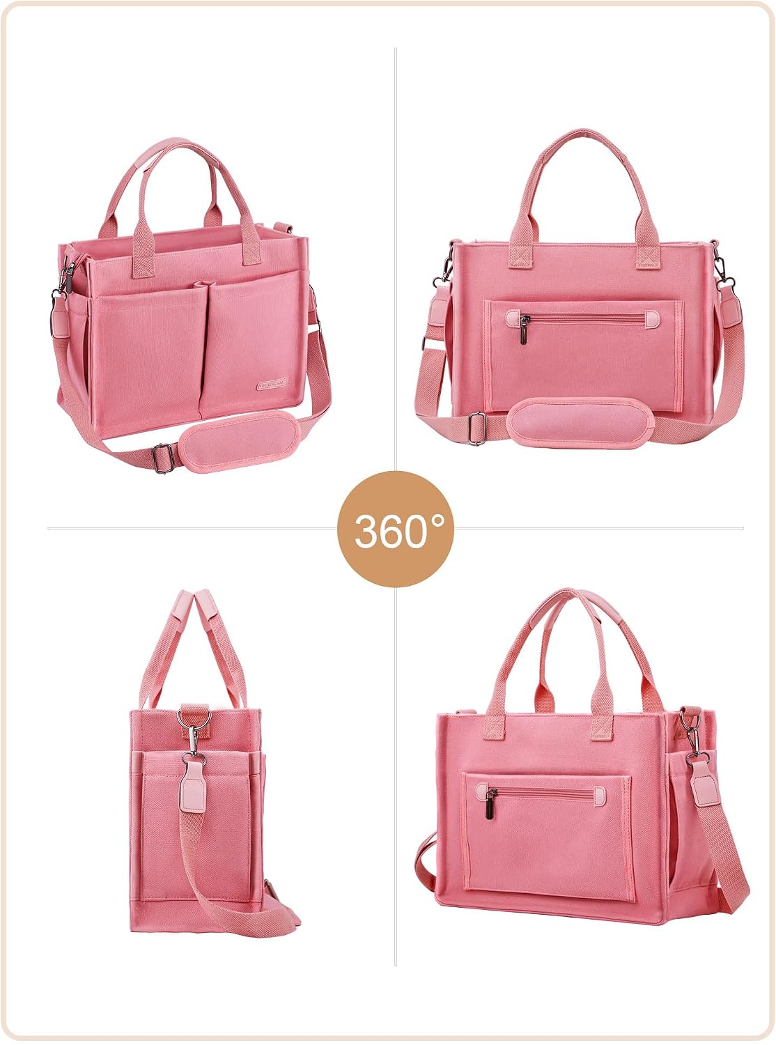 Canvas Tote Bag for Women with Zipper, Work Laptop Purse with Compartments & Luggage Sleeve, Adjustable Strap