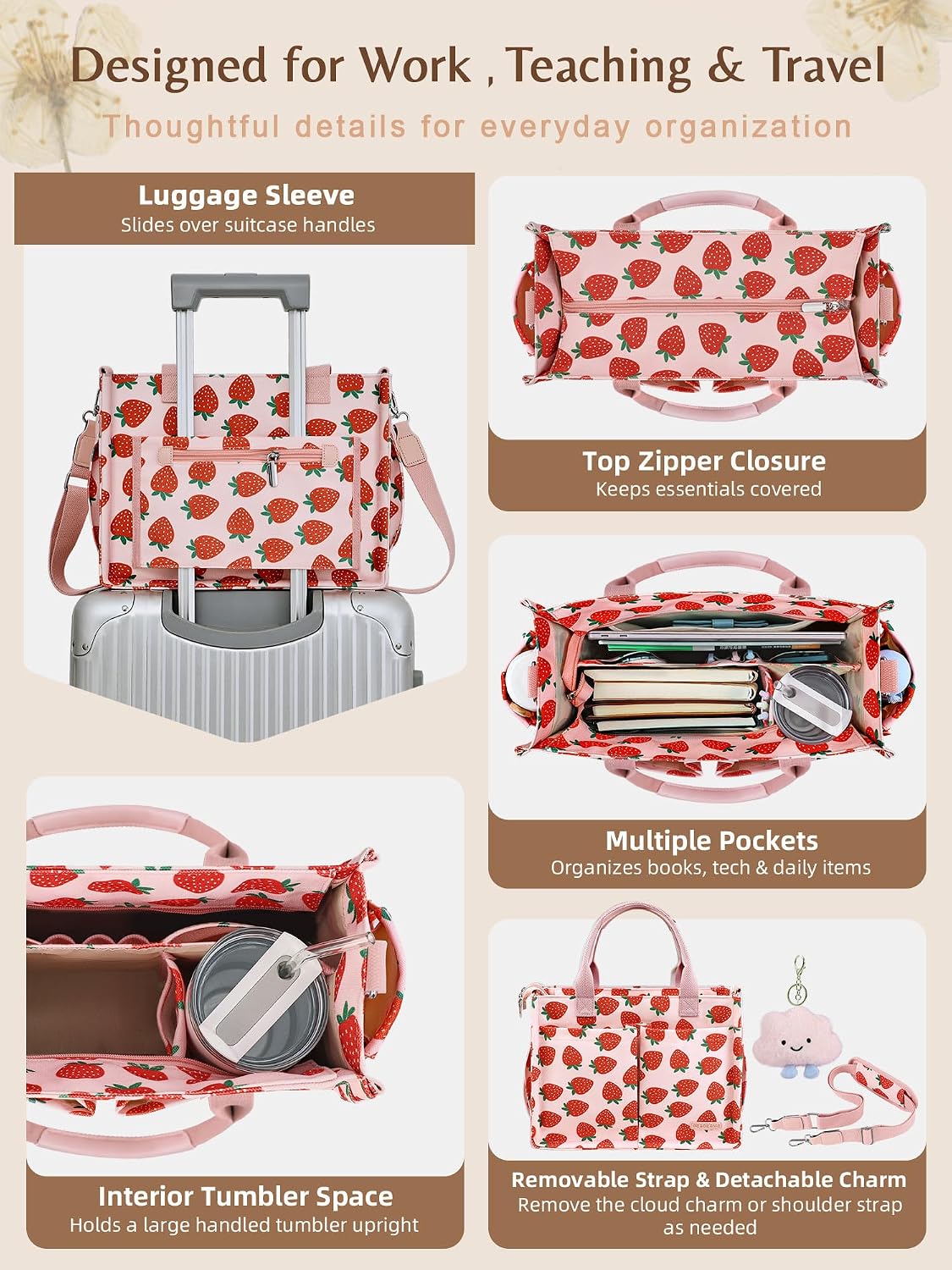 Canvas Tote Bag for Women with Zipper, Work Laptop Purse with Compartments & Luggage Sleeve, Adjustable Strap