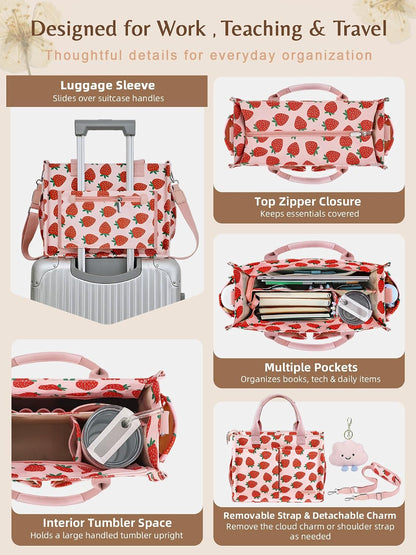 Canvas Tote Bag for Women with Zipper, Work Laptop Purse with Compartments & Luggage Sleeve, Adjustable Strap
