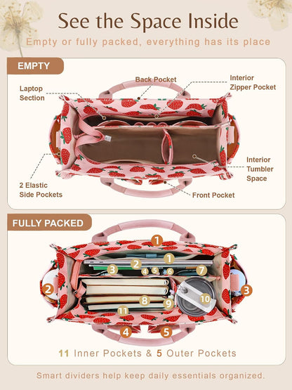 Canvas Tote Bag for Women with Zipper, Work Laptop Purse with Compartments & Luggage Sleeve, Adjustable Strap