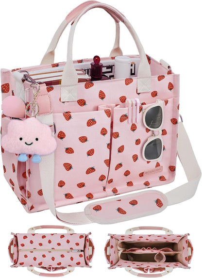 Canvas Tote Bag for Women with Zipper, Work Laptop Purse with Compartments & Luggage Sleeve, Adjustable Strap