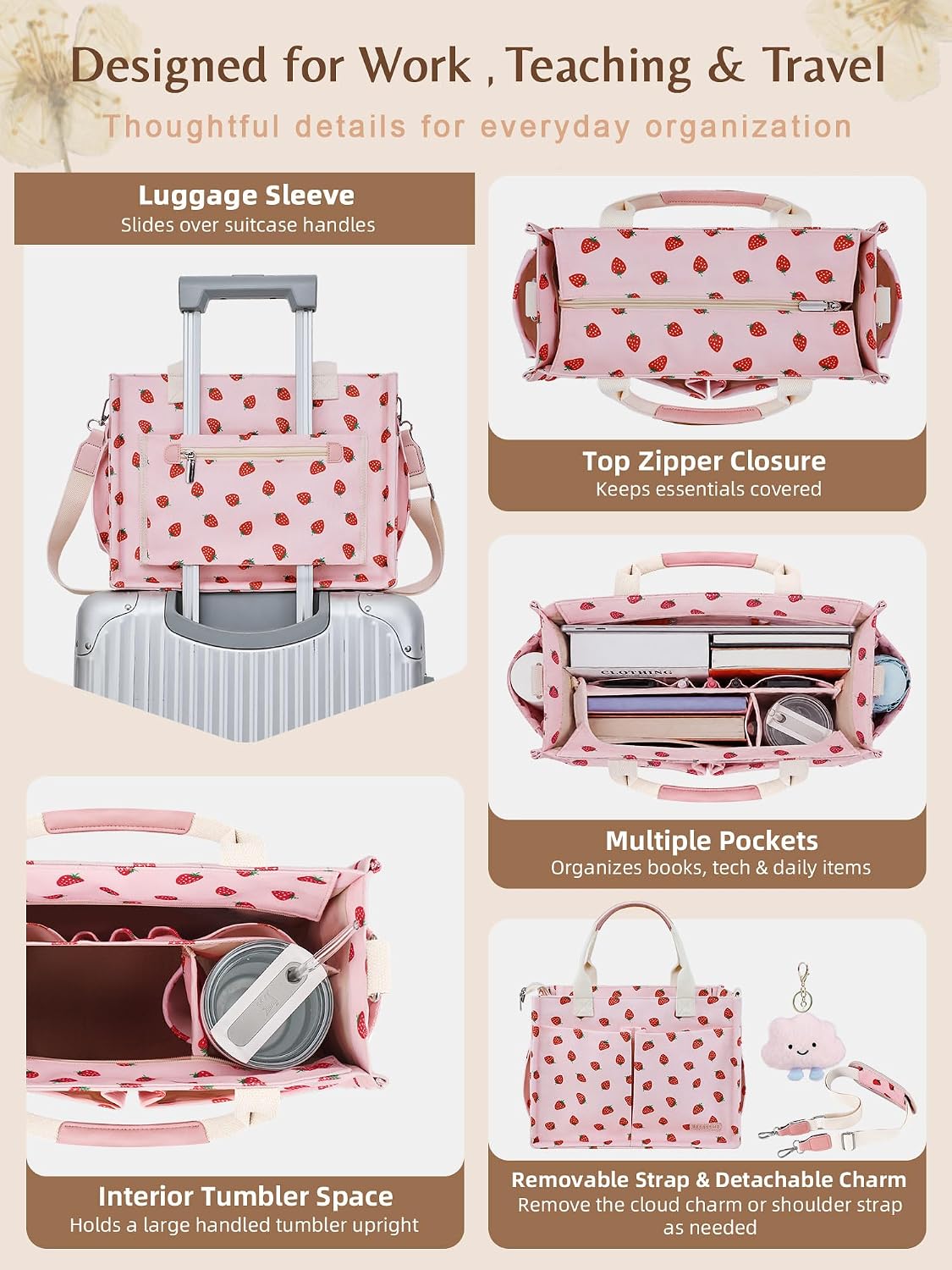 Canvas Tote Bag for Women with Zipper, Work Laptop Purse with Compartments & Luggage Sleeve, Adjustable Strap