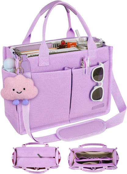 Canvas Tote Bag for Women with Zipper, Work Laptop Purse with Compartments & Luggage Sleeve, Adjustable Strap