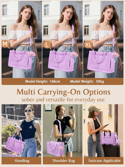 Canvas Tote Bag for Women with Zipper, Work Laptop Purse with Compartments & Luggage Sleeve, Adjustable Strap