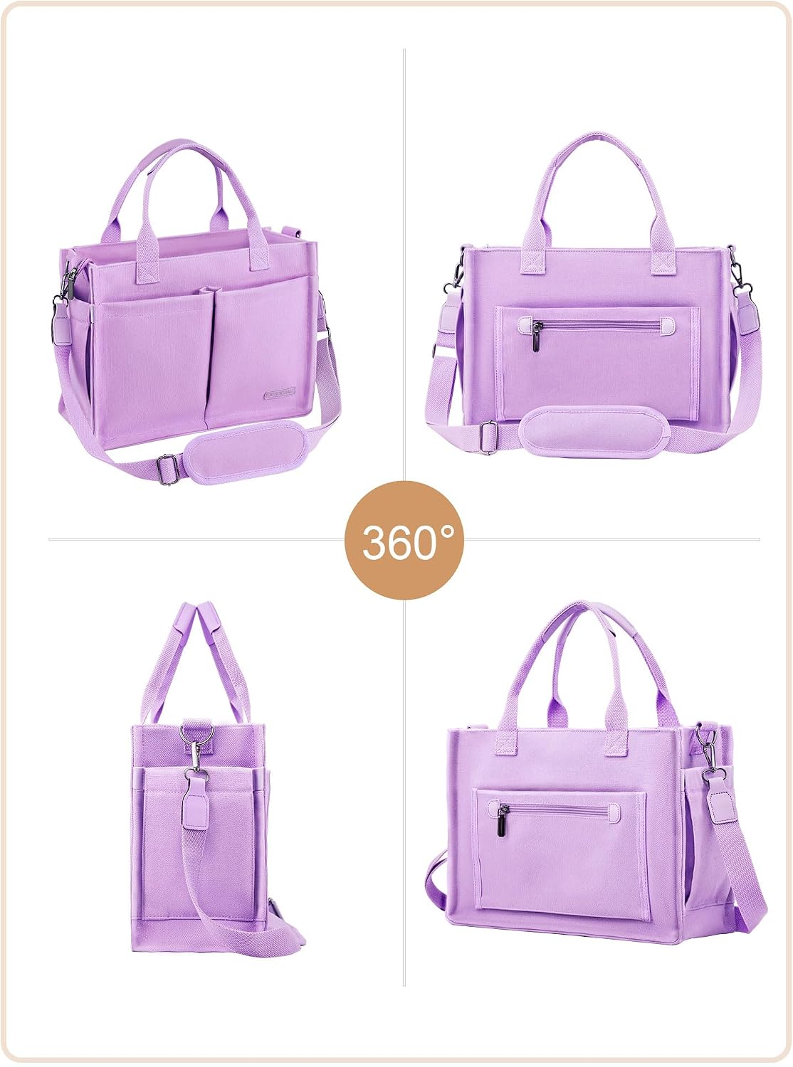 Canvas Tote Bag for Women with Zipper, Work Laptop Purse with Compartments & Luggage Sleeve, Adjustable Strap
