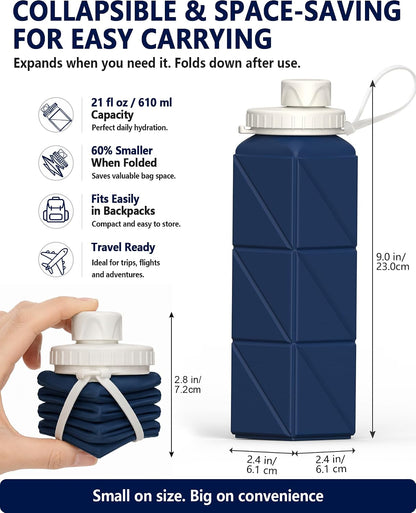 Collapsible Water Bottles 21oz/610mL, Silicone Travel Water Bottle