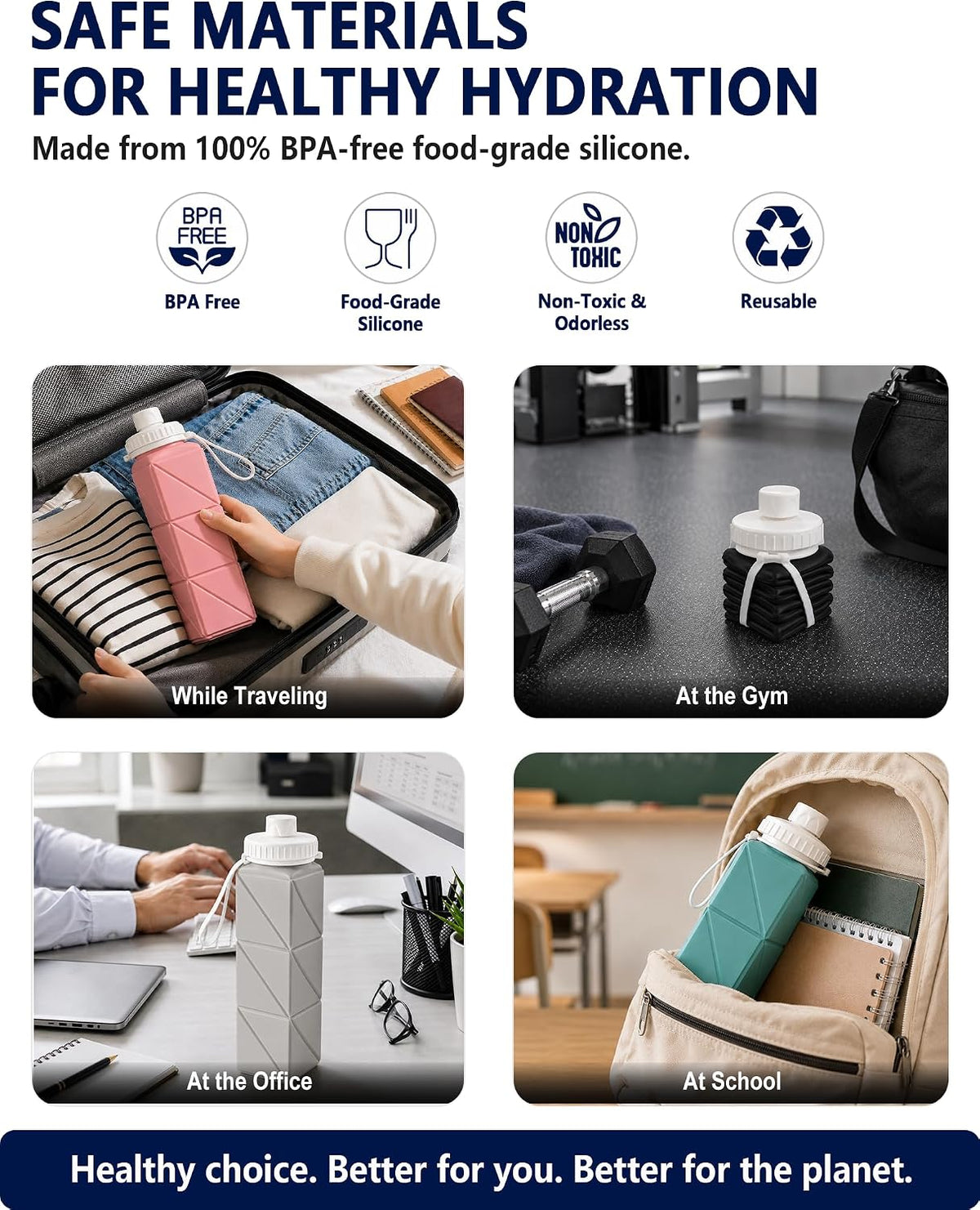 Collapsible Water Bottles 21oz/610mL, Silicone Travel Water Bottle