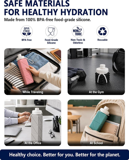 Collapsible Water Bottles 21oz/610mL, Silicone Travel Water Bottle