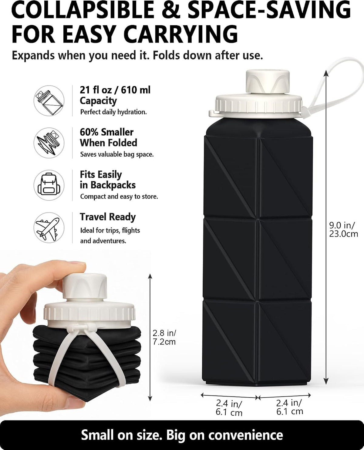 Collapsible Water Bottles 21oz/610mL, Silicone Travel Water Bottle