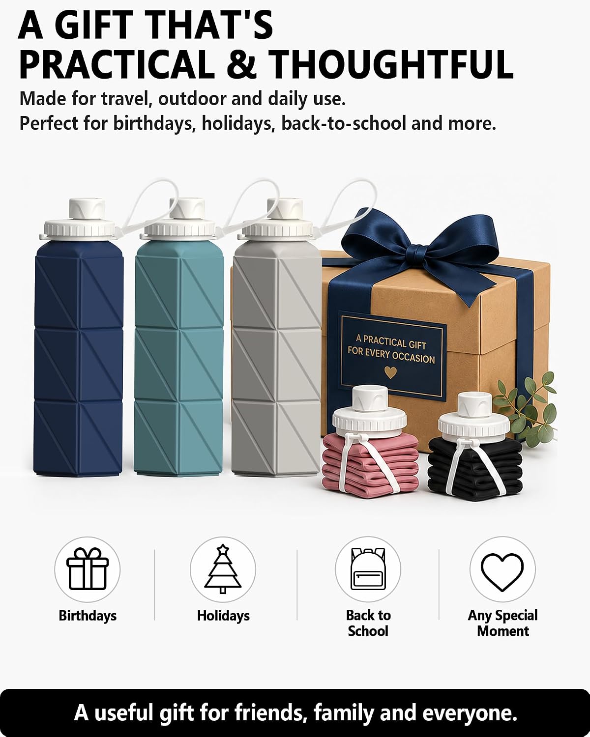 Collapsible Water Bottles 21oz/610mL, Silicone Travel Water Bottle