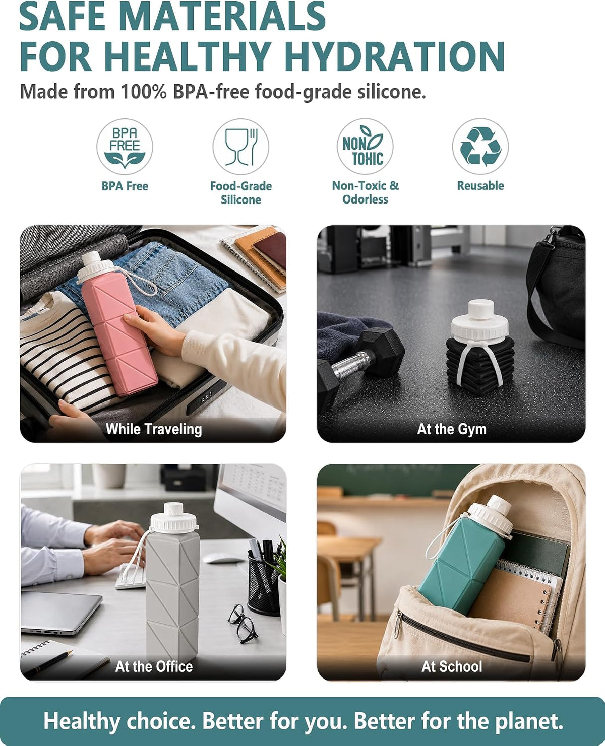 Collapsible Water Bottles 21oz/610mL, Silicone Travel Water Bottle