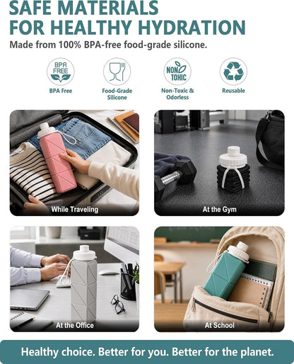 Collapsible Water Bottles 21oz/610mL, Silicone Travel Water Bottle