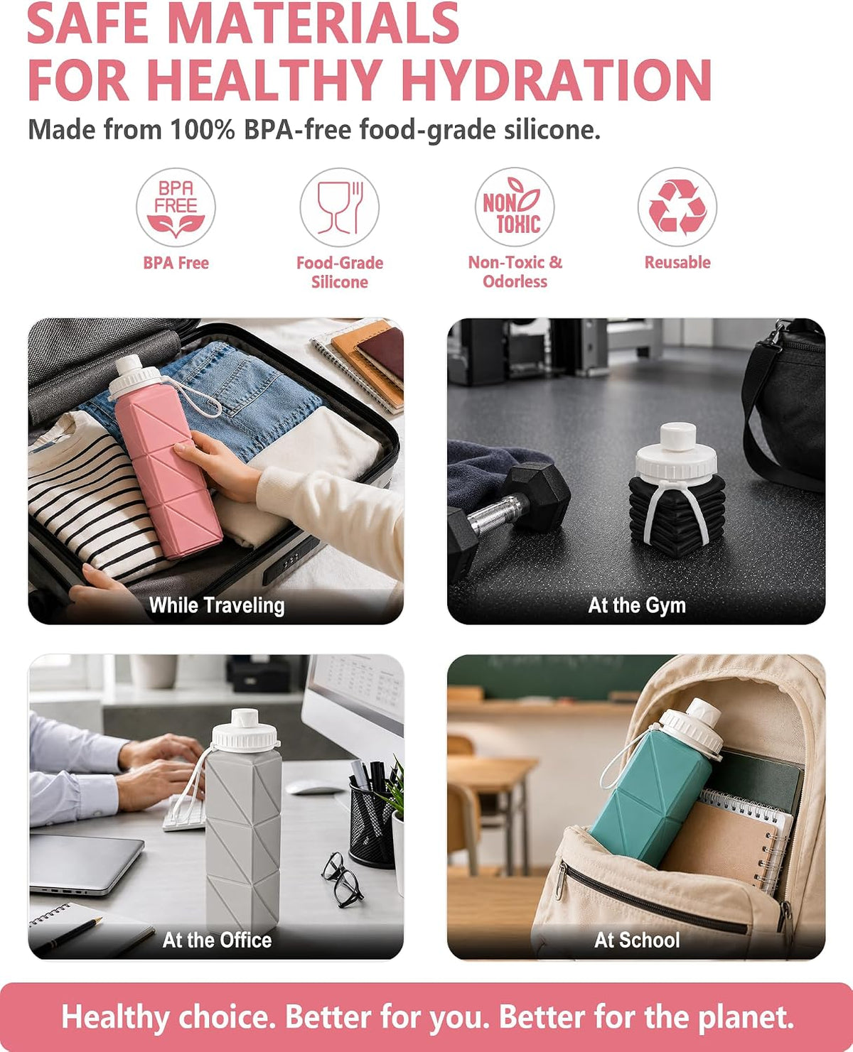 Collapsible Water Bottles 21oz/610mL, Silicone Travel Water Bottle