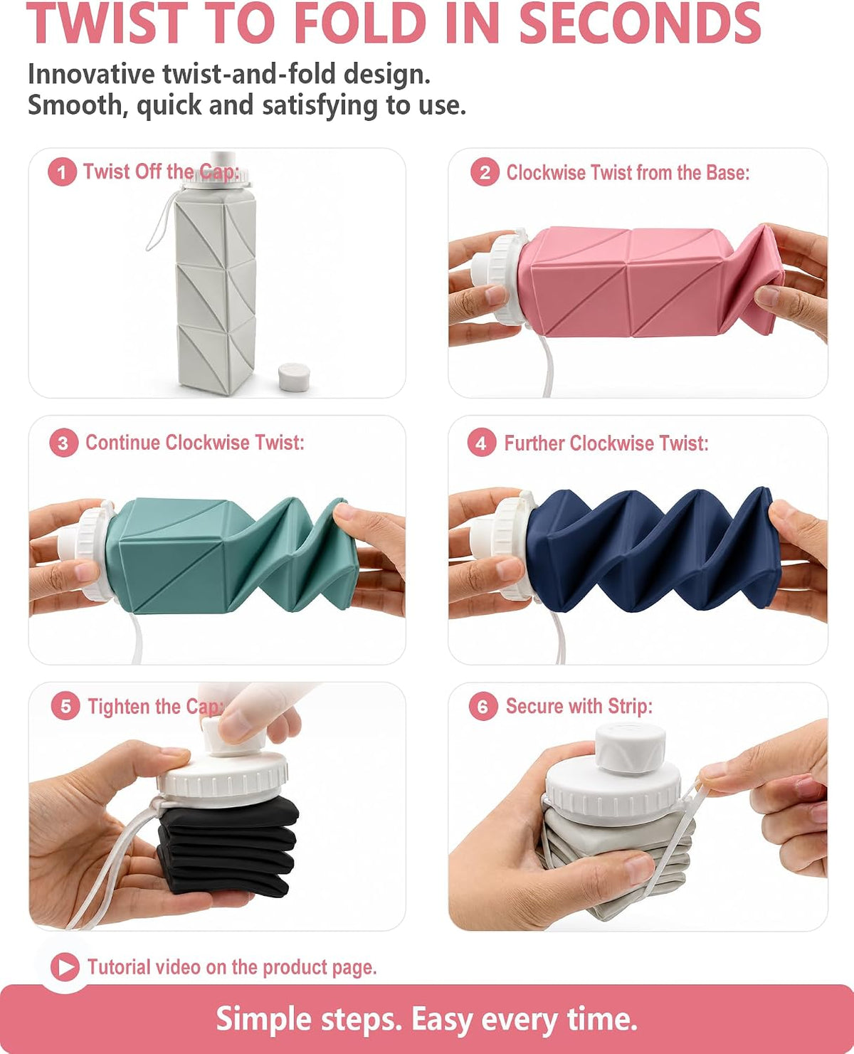 Collapsible Water Bottles 21oz/610mL, Silicone Travel Water Bottle