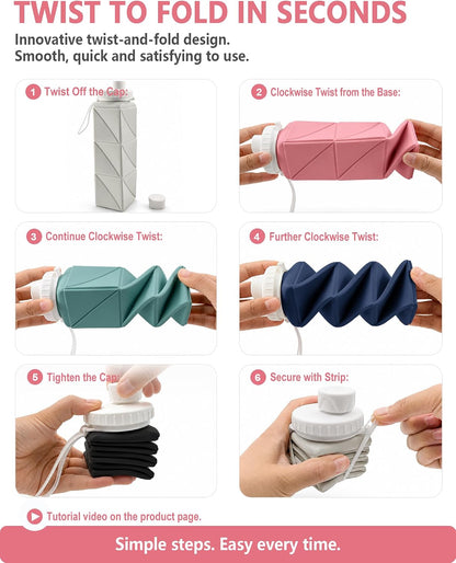 Collapsible Water Bottles 21oz/610mL, Silicone Travel Water Bottle