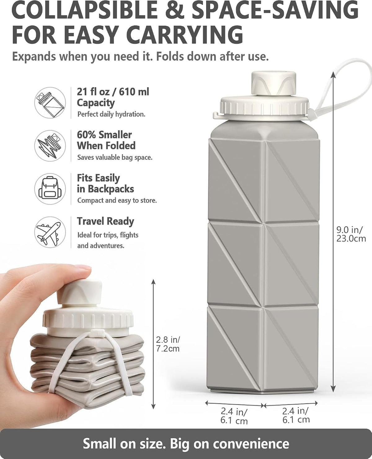 Collapsible Water Bottles 21oz/610mL, Silicone Travel Water Bottle