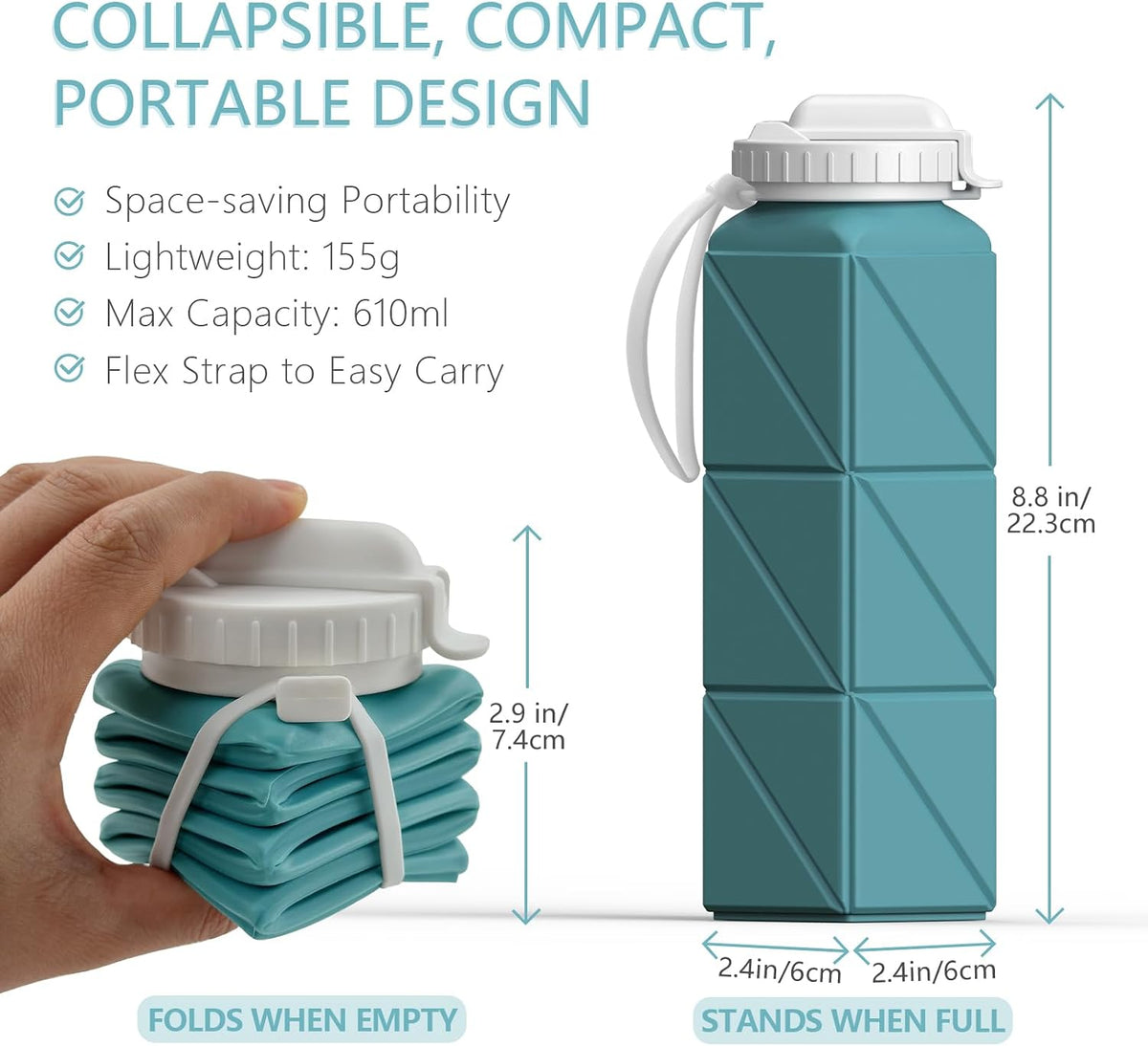 Collapsible Water Bottles 21oz/610mL, Silicone Travel Water Bottle