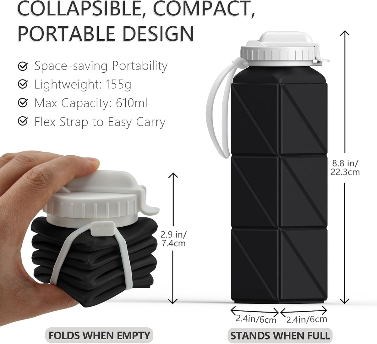 Collapsible Water Bottles 21oz/610mL, Silicone Travel Water Bottle