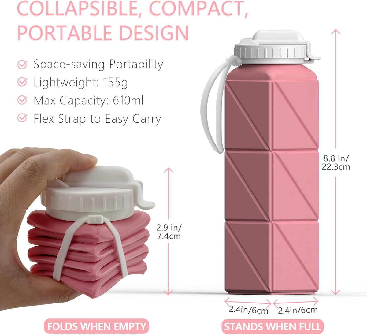 Collapsible Water Bottles 21oz/610mL, Silicone Travel Water Bottle