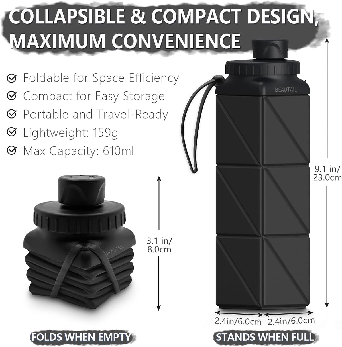 Collapsible Water Bottles 21oz/610mL, Silicone Travel Water Bottle