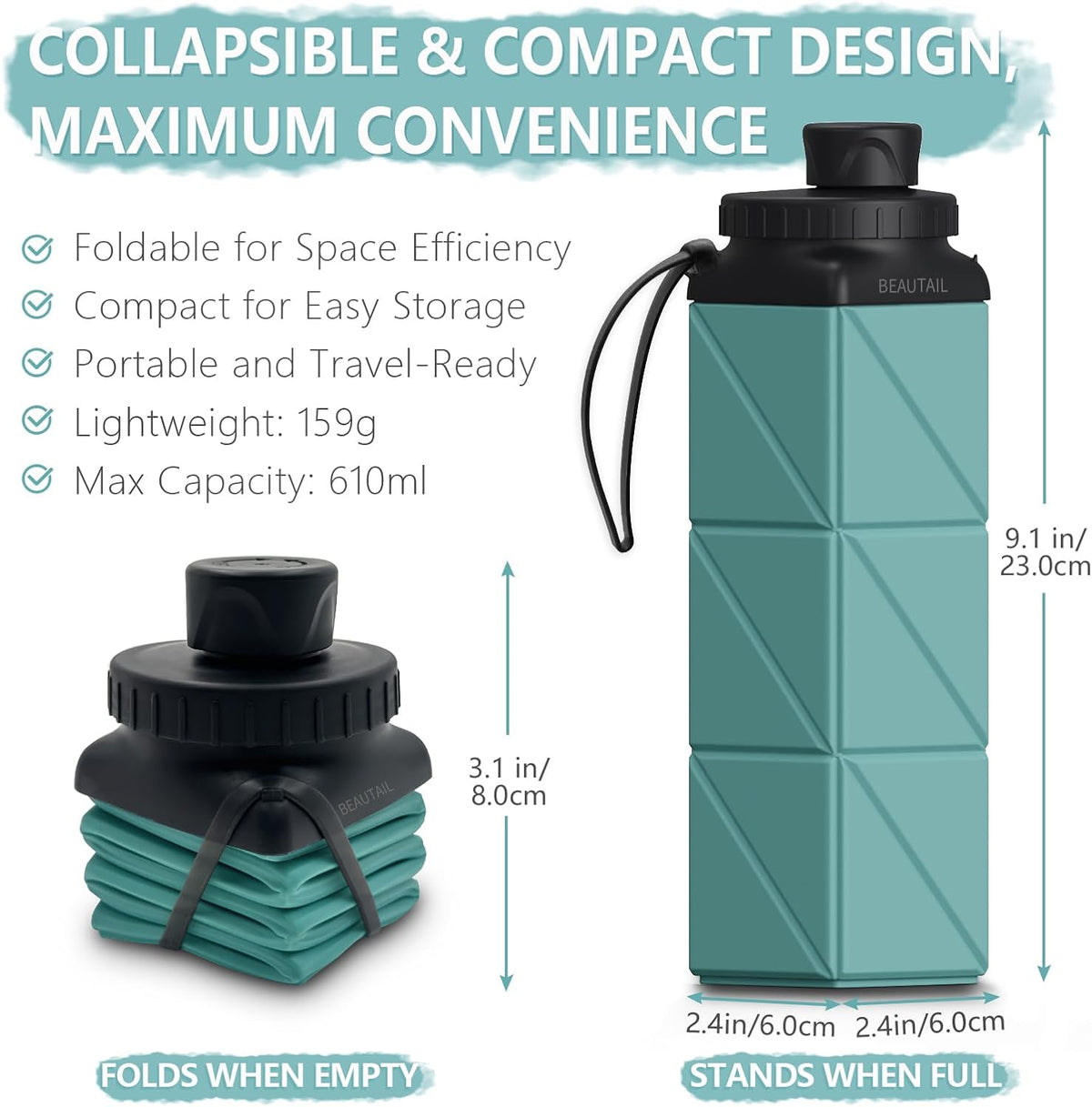 Collapsible Water Bottles 21oz/610mL, Silicone Travel Water Bottle