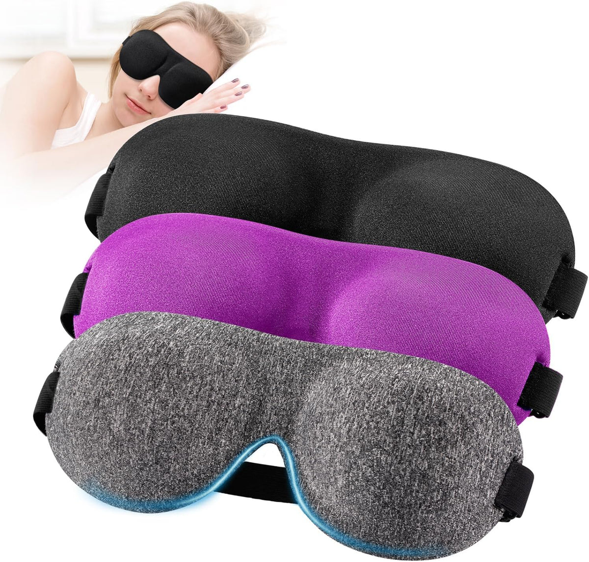 Sleep Mask for Back and Side Sleeper 3 Pack, 100% Blackout Eye Mask