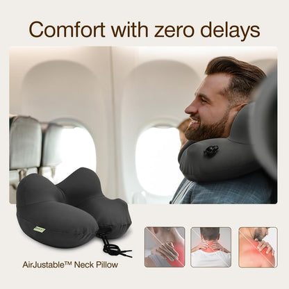 Coop Home Goods AirJustable Travel Neck Pillow, Inflatable, Adjustable Support for Neck & Chin, Compact, Soft Memory Foam Comfort, Airplane Travel Essentials, Cooling & Washable Cover