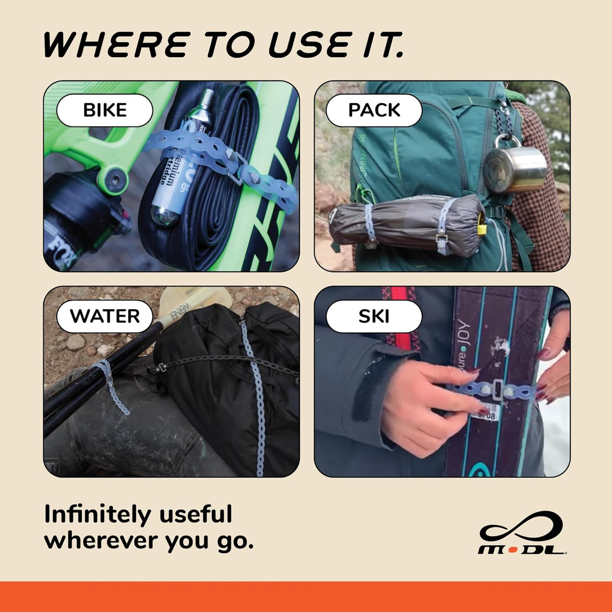 MODL Infinity Tool™ Modular Gear Straps (4-Pack) for Camping, Travel & EDC