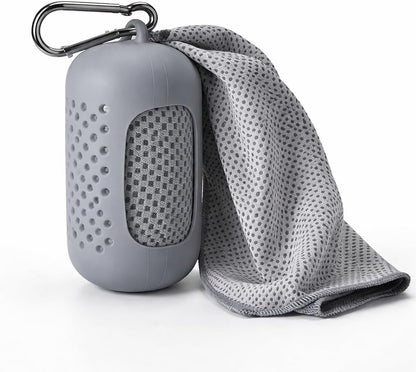 Cooling Towel with Clip Case – Quick-Dry Neck Wrap for Sports, Beach Tote Bags, Gym, Travel & Outdoor Heat (Gray)