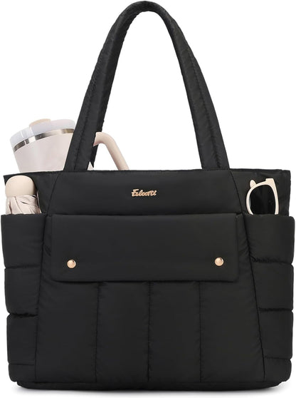Puffer Tote Bag for Women with Laptop Compartment & Luggage Strap