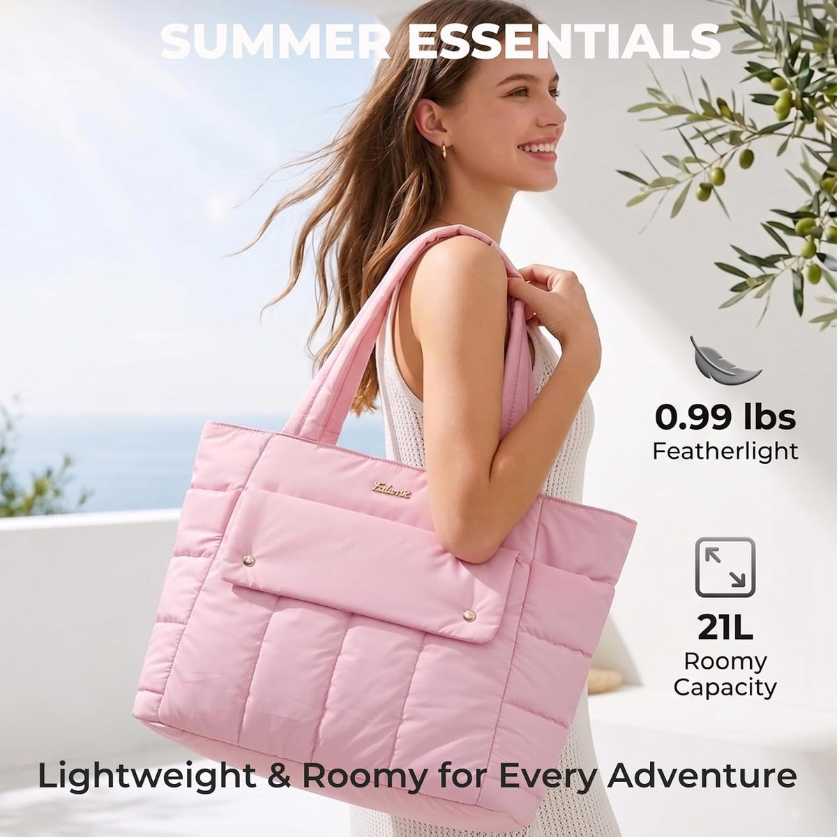 Puffer Tote Bag for Women with Laptop Compartment & Luggage Strap