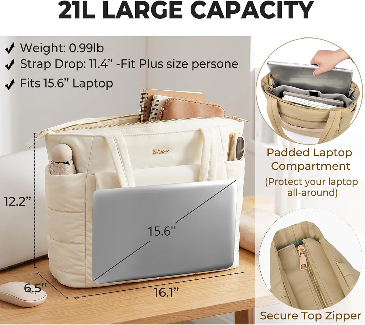 Puffer Tote Bag for Women with Laptop Compartment & Luggage Strap