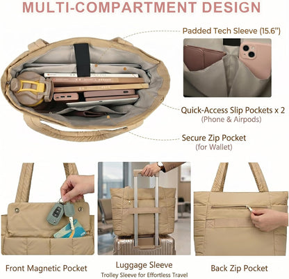 Puffer Tote Bag for Women with Laptop Compartment & Luggage Strap