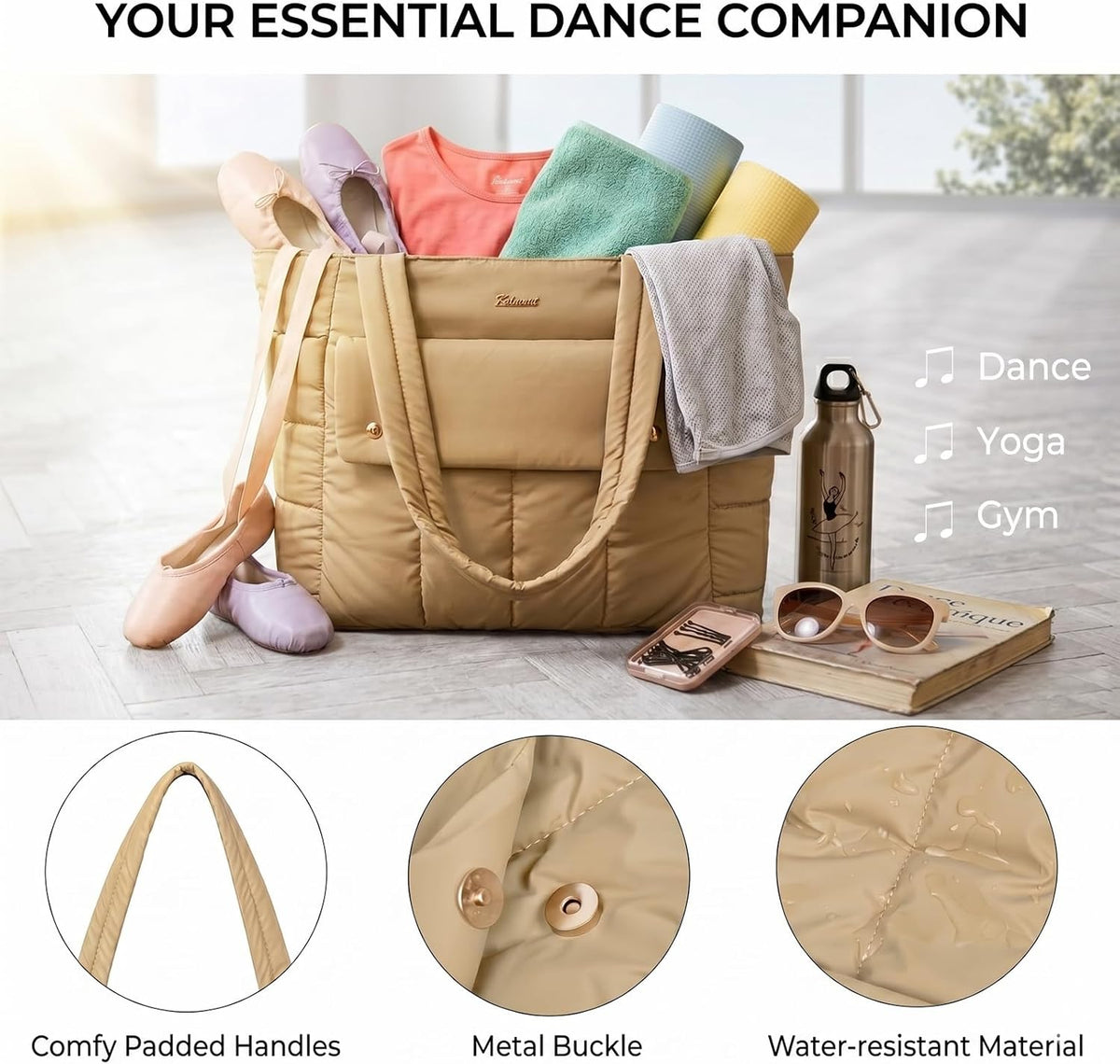 Puffer Tote Bag for Women with Laptop Compartment & Luggage Strap