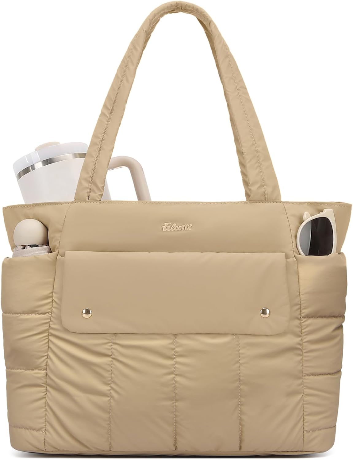 Puffer Tote Bag for Women with Laptop Compartment & Luggage Strap