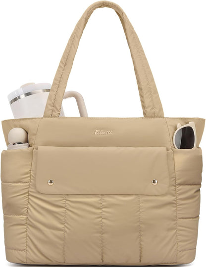 Puffer Tote Bag for Women with Laptop Compartment & Luggage Strap
