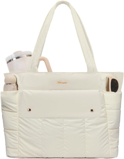 Puffer Tote Bag for Women with Laptop Compartment & Luggage Strap